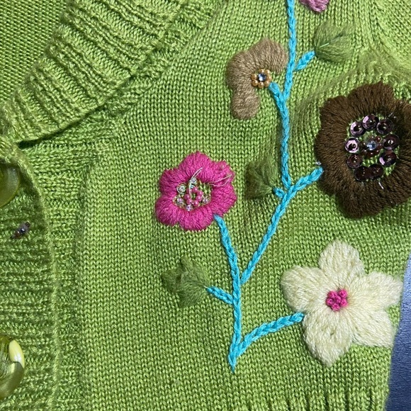 MisoMiso Y2K Vintage Cropped Cardigan Embroidered Beaded S Wool Blend Chartruese - Picture 3 of 4